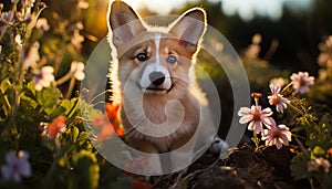 Cute puppy sitting in grass, looking at camera, playful generated by AI