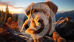 Cute puppy sitting in grass, looking at mountain sunset generated by AI