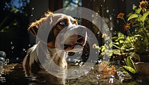Cute puppy sitting in grass, looking at reflection in pond generated by AI