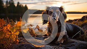 Cute puppy sitting in grass, looking at sunset beauty generated by AI