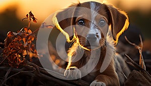 Cute puppy sitting in grass, looking at sunset generated by AI