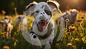 Cute puppy sitting in the grass, looking at the sunset generated by AI