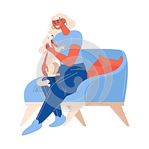 Cute puppy sitting on the legs of a girl. Vector concept illustration about love of a dog for a man isolated on white. Owner