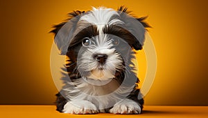 Cute puppy sitting, looking at camera, fluffy fur, white background generated by AI