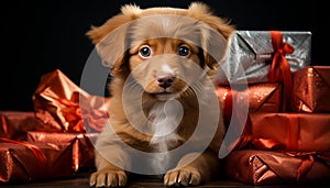 Cute puppy sitting, looking at camera, gift in box generated by AI