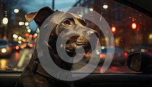 Cute puppy sitting, looking out car window at night generated by AI