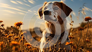 Cute puppy sitting in meadow, enjoying nature beauty generated by AI