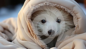 Cute puppy sitting outdoors, looking at camera with fluffy fur generated by AI