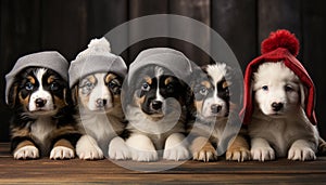 Cute puppy sitting in a row, looking at camera generated by AI