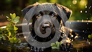 Cute puppy sitting in wet grass, looking at camera generated by AI