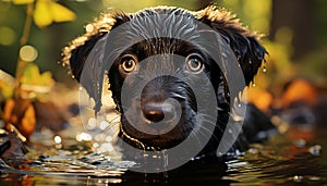 Cute puppy sitting in wet grass, looking at camera generated by AI