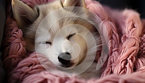 Cute puppy sleeping, fluffy and comfortable, indoors, purebred dog generated by AI