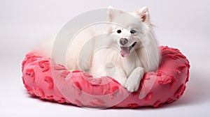 Cute puppy sleeping peacefully on soft yellow bed. Small dog is resting at home