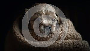 Cute puppy, small terrier, sitting, looking at camera, fluffy fur generated by AI