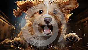 Cute puppy, small and wet, looking at camera, playful and fluffy generated by AI