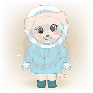 Cute puppy and Snowflake cartoon hand drawn Christmas season illustration