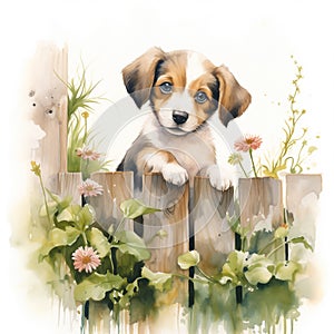 A cute puppy standing on a fence surrounded with flowers