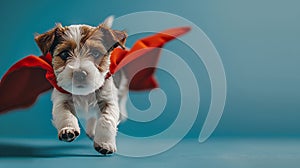 Cute puppy in superhero costume flying in blue space, creating a funny and endearing image