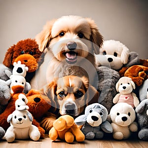 Cute puppy surrounded by soft toys - ai generated image