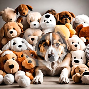 Cute puppy surrounded by soft toys - ai generated image