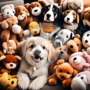 Cute puppy surrounded by soft toys - ai generated image