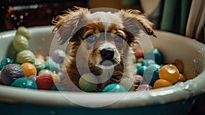 Cute Puppy Taking a Bath in Vintage Clawfoot Tub with Colorful Toys and Towels