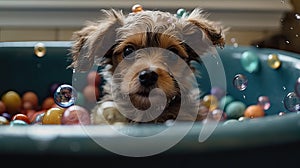 Cute Puppy Taking a Bath in Vintage Clawfoot Tub with Colorful Toys and Towels