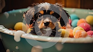 Cute Puppy Taking a Bath in Vintage Clawfoot Tub with Colorful Toys and Towels