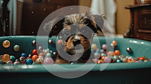 Cute Puppy Taking a Bath in Vintage Clawfoot Tub with Colorful Toys and Towels