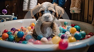 Cute Puppy Taking a Bath in Vintage Clawfoot Tub with Colorful Toys and Towels