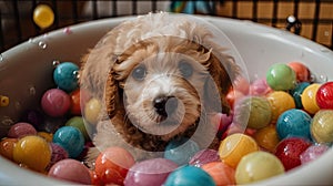 Cute Puppy Taking a Bath in Vintage Clawfoot Tub with Colorful Toys and Towels