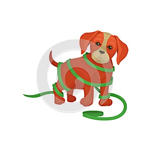 Cute puppy tangled in green gift-wrap ribbon. Adorable dog. Domestic animal. Christmas theme. Flat vector icon