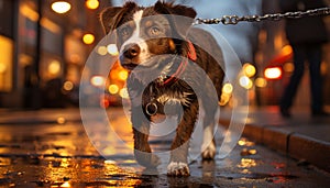 Cute puppy walking outdoors, looking at camera, illuminated by Christmas lights generated by AI