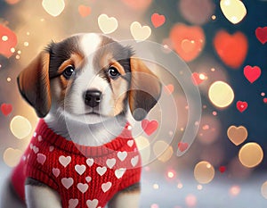 Cute puppy wearing a heart sweater Valentines Day concept copy space
