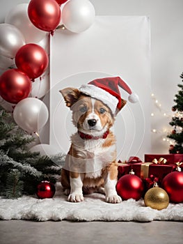 Cute puppy wearing Santa Claus red hat. Merry Christmas and Happy New Year decoration. Generative AI