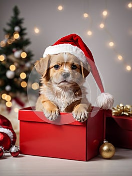 Cute puppy wearing Santa Claus red hat sits in the box under the Christmas tree. Generative AI