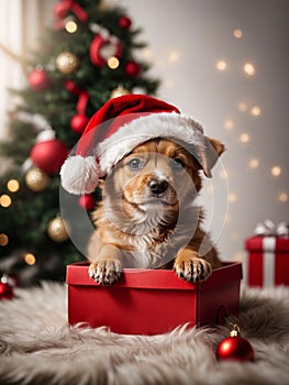 Cute puppy wearing Santa Claus red hat sits in the box under the Christmas tree. Generative AI