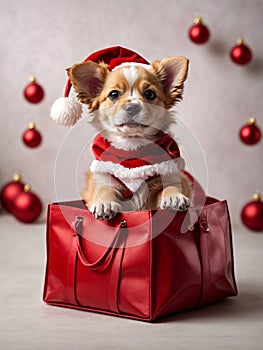 Cute puppy wearing Santa Claus red hat sits in the red bag. Merry Christmas and Happy New Year decoration - balls, toys and gifts
