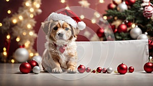 Cute puppy wearing Santa Claus red hat sits in the red box under the Christmas tree. Generative AI