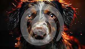 Cute puppy, wet fur, small spaniel, looking at camera, nature generated by AI