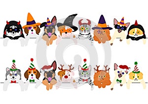 Cute pups and kitties border set, with Halloween costumes and with Christmas costumes