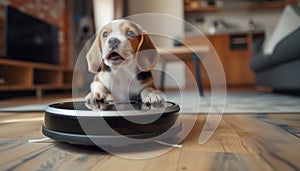 Cute purebred beagle puppy dog portrait on the living room laminate photo