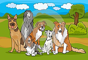 Cute purebred dogs group cartoon illustration