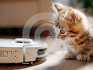 Cute purebred funny kitten explores modern vacuum cleaner robot smart device while cleaning living room laminate floor. Allergy