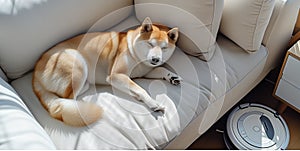 Cute purebred funny Shiba Inu lying on comfortable sofa with modern vacuum cleaner robot smart device cleaning living room.