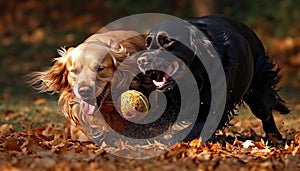 Cute purebred puppies playing outdoors in autumn nature, having fun generated by AI