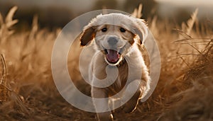 Cute purebred puppy playing in the grass, golden retriever happiness generated by AI