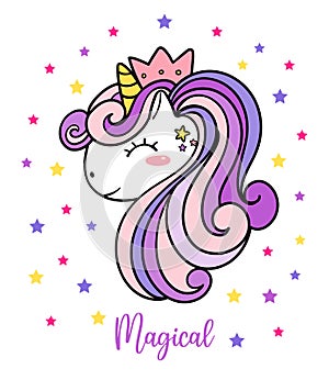 Cute Purple Baby Unicorn magical head face simple doodle outline vector illustration