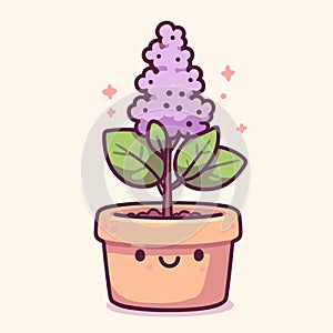 Cute purple blossom flower in a pot, kawaii style plant icon, Vector illustration in cartoon style, generative ai
