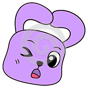 Cute purple bunny head winked coquettishly. doodle icon drawing